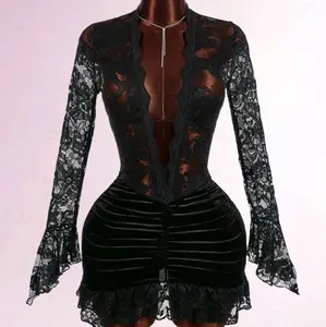 Janie Mini Dress - Black Lace Long Sleeve with Velvet Skirt and Deep V-Neckline Summer