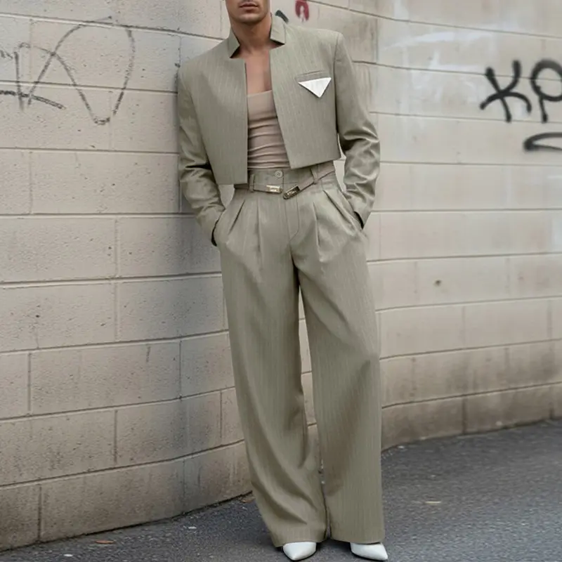 INCERUN Men Stand Collar Long Sleeve Blazer Striped Short Coat Jacket Pants Trousers Party Business Commuting 2PCS Sets Suits Outfits