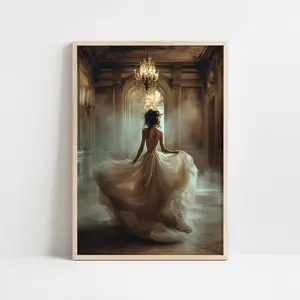 Moody Victorian Ball Painting – Mysterious Woman in Grand Ballroom Art Print, Vintage Dreamy Aesthetic Wall Decor, Flowing Ballgown Artwork, Room Decor, Unframed