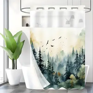 LVRLVR 1pc Watercolor Misty Forest Shower Curtain with Sheer Top Window, Detachable Liner & No Hook C-Ring, 70.8" x 74"