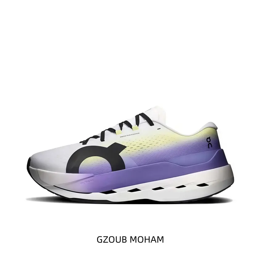 This white yellow-purple gradient mesh running sneaker features a lightweight cushioned hollow sole, offering steady energy rebound for long-distance road jogging and extended outdoor walking.