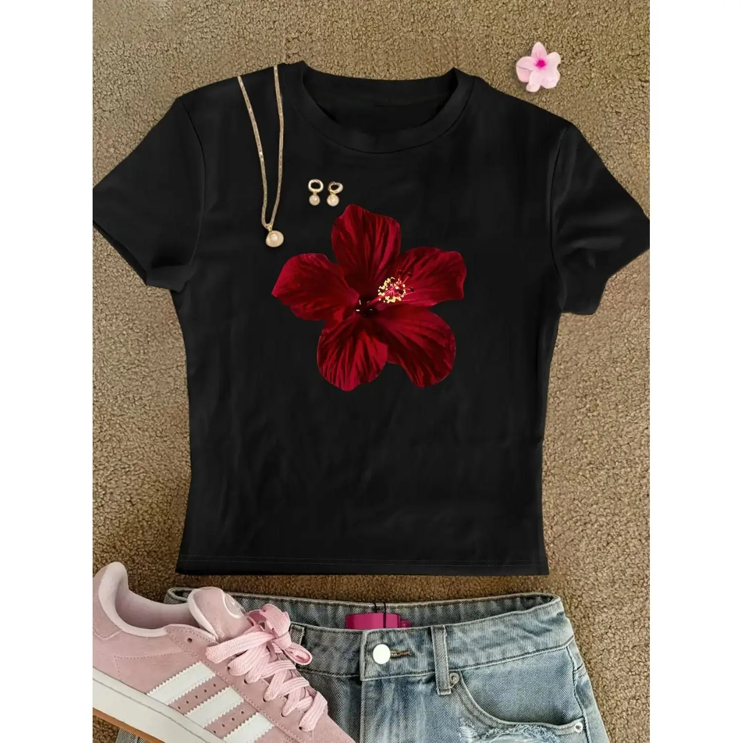 Lady's Bright Red Hibiscus Floral Short-Sleeve Round-Neck T-Shirt - Casual Summer Beach Vacation, Streetwear, Everyday Comfort Top for Women