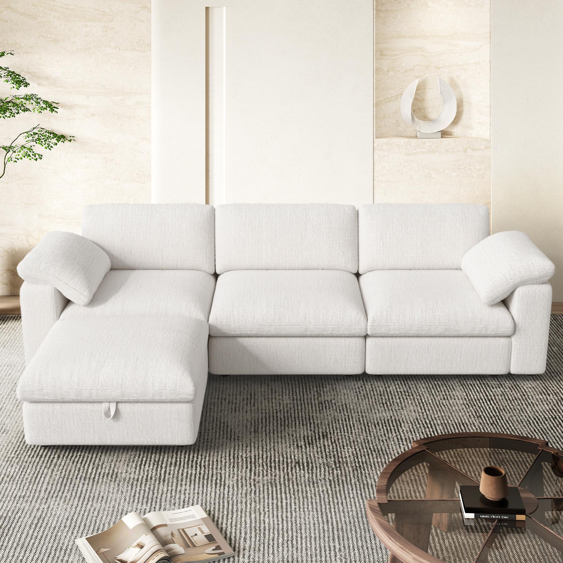 【Shipped in four Packages】118" L Shaped Modular Sectional Sofa, Oversized 3-Seater Convertible Cloud Couch, Modern Chenille Sectional Couches for Living Room, Cream White 1 PCS