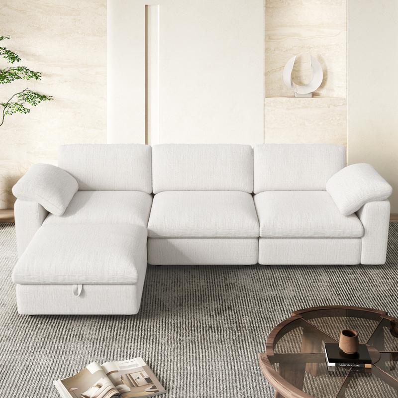 【Shipped in four Packages】118" L Shaped Modular Sectional Sofa, Oversized 3-Seater Convertible Cloud Couch, Modern Chenille Sectional Couches for Living Room, Cream White 1 PCS