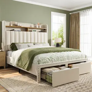 Bed Frame with 2 Drawers, MATTRESS NOT INCLUDED, Bedframe with Headboard and Storage, Upholstered  Bed Frame with Storage, No Mattress, NO Noise, No Box Spring Needed