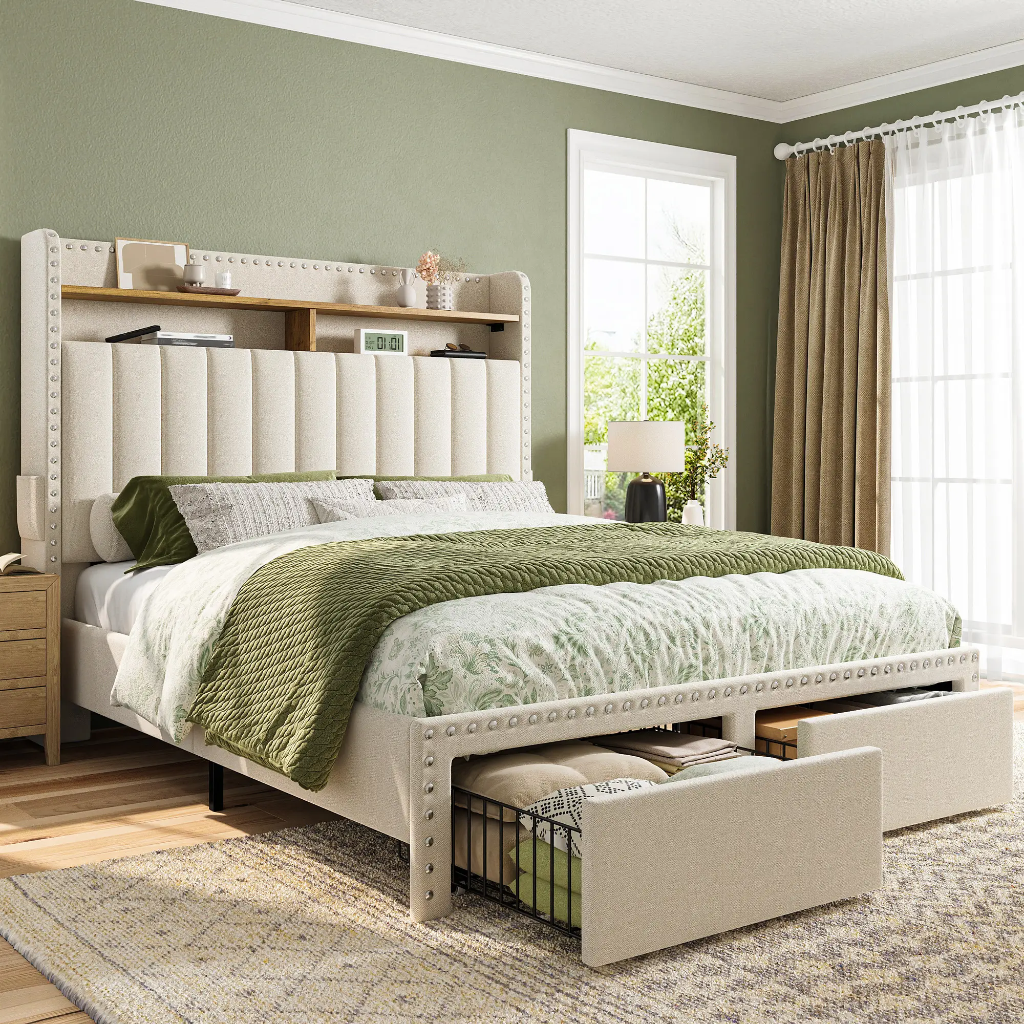 Raybee Furniture Bed Frame with 2 Drawers, MATTRESS NOT INCLUDED, Bedframe with Headboard and Storage, Upholstered Bed Frame with Storage, No Mattres