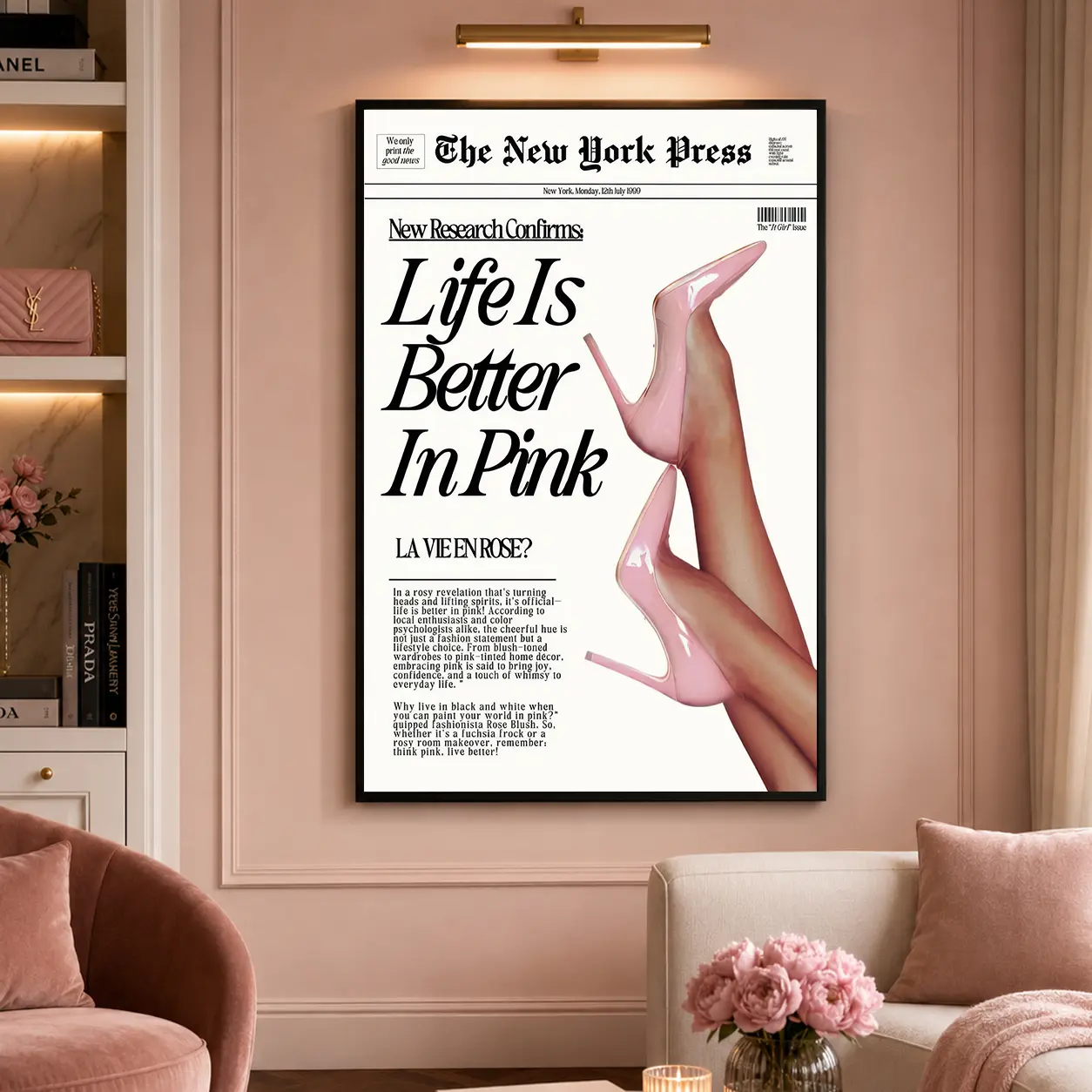 Trendy Baby Pink Poster 70s Canvas Prints The New York Press Wall Art Life Is Better in Pink Hot Girl Posters for Cool Girly Room Home Dorm restaurant decor