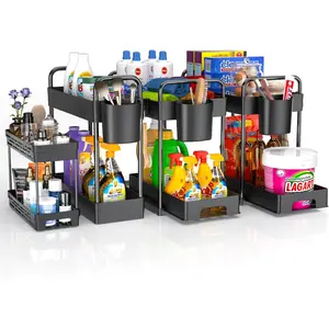4 Pack Under Sink Organizer and Storage - Stackable 3 Size 2 Tier Bathroom Under the Sink Organizers Multi-Usage Kitchen Cabinet Organizers and Storage Sink Bath Shelf Baskets