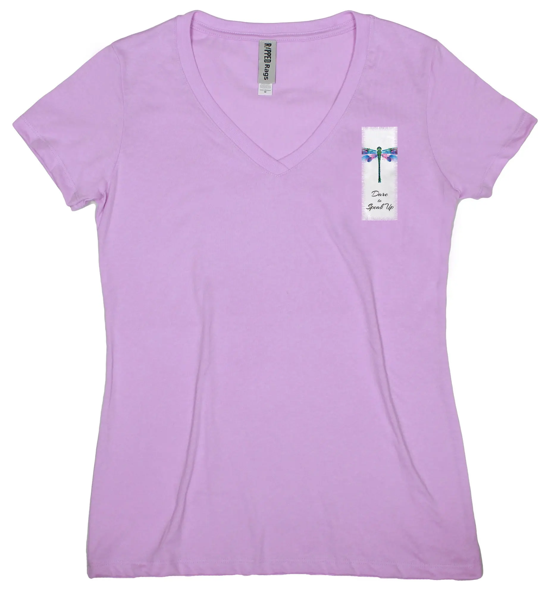 RIPPED RAGS Women's Classic Fit V-Neck T-Shirt, Lilac Cotton Blend with a "Dare to Speak Up" Slogan Frayed Patch, Streetwear, Tshirt, Women's Lilac V-Neck, Machine Wash, Shortsleeve, Casual, Fabric, Polyester, Soft, Top, Sublimated Print, Front Slogan, Al