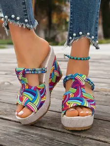 2026 New Fashion Stylish Rainbow Print Thick Sole Wedge Mules for Women, Summer Open-Toe Elastic Strap Casual Shoes, Trendy and Comfortable