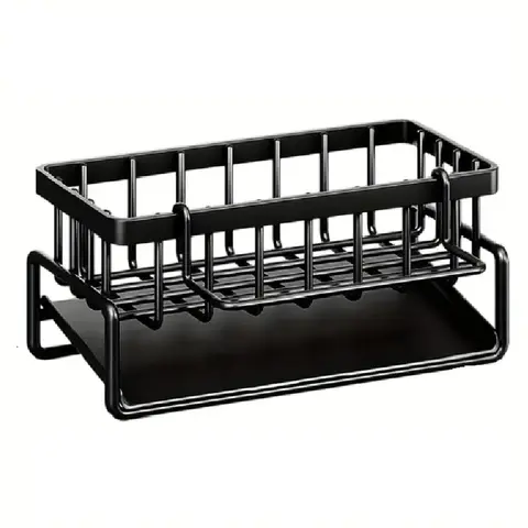 Black Metal & Plastic Kitchen Sink Organizer Tray, Optional With Dual Side Storage Cups, Drainage Sink Caddy for Countertop