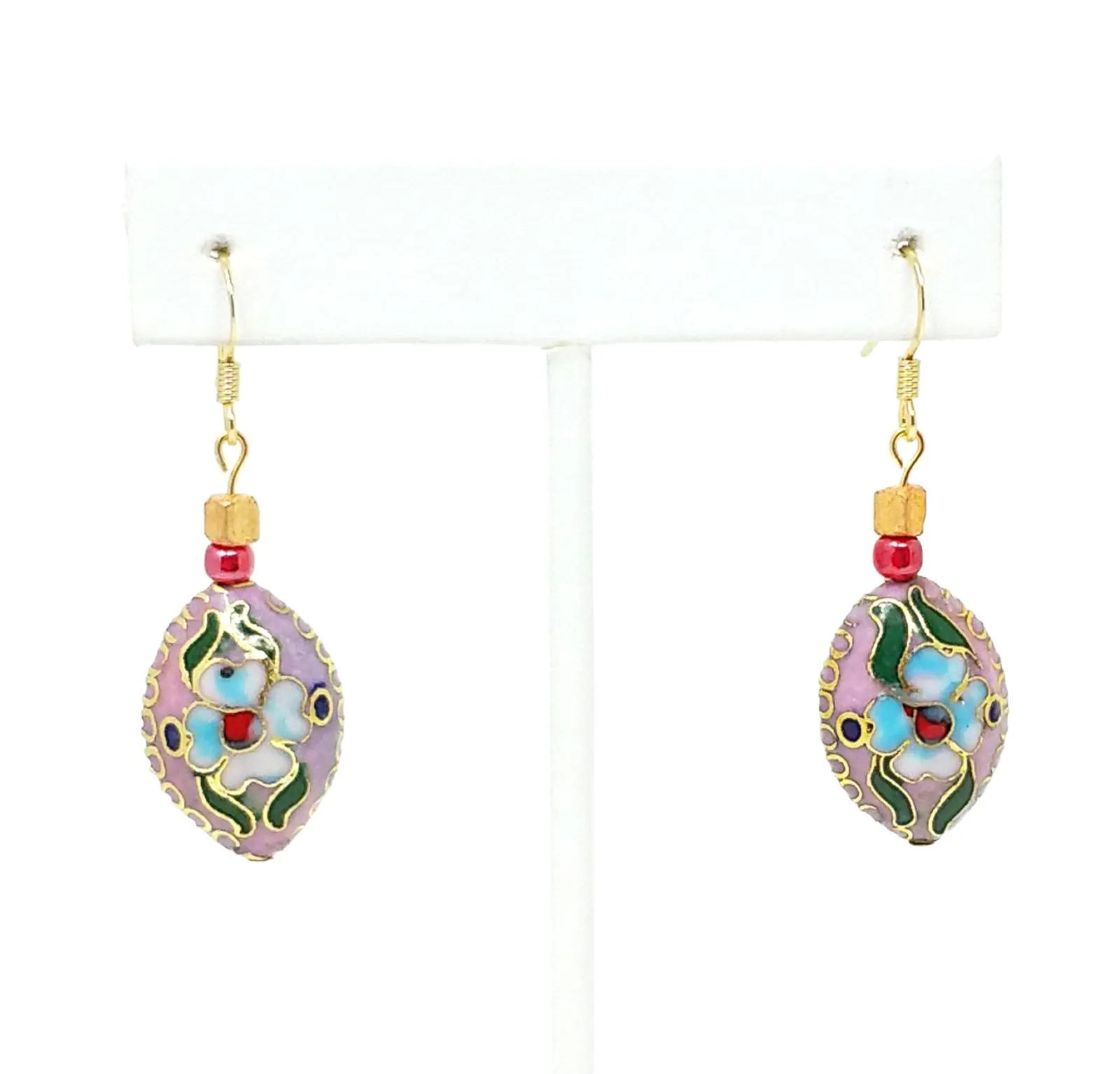 Vintage Violet Purple Cloisonne Earrings with White Flowers