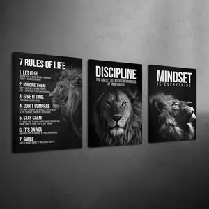 3 Count Wood Framed Canvas Modern Inspirational Lion Wall Art, 7 Rules of Life & Mindset Quotes Prints, Ready To Hang, Waterproof Canvas, Motivational Wall Decor for Home Office & Personal Growth Spaces, Wooden Wall Art, Modern Home Decoration
