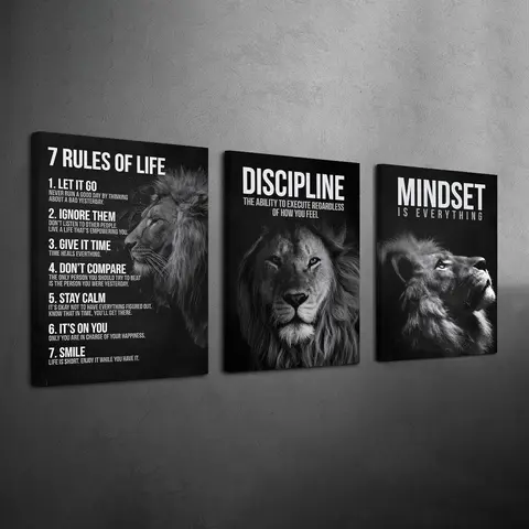 3 Count Wood Framed Canvas Modern Inspirational Lion Wall Art, 7 Rules of Life & Mindset Quotes Prints, Ready To Hang, Waterproof Canvas, Motivational Wall Decor for Home Office & Personal Growth Spaces, Wooden Wall Art, Decoration Items
