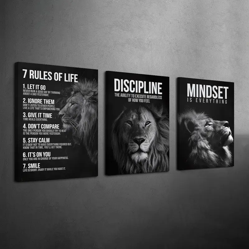 3 Count Wood Framed Canvas Modern Inspirational Lion Wall Art, 7 Rules of Life & Mindset Quotes Prints, Ready To Hang, Waterproof Canvas, Motivational Wall Decor for Home Office & Personal Growth Spaces, Wooden Wall Art, Decoration Items
