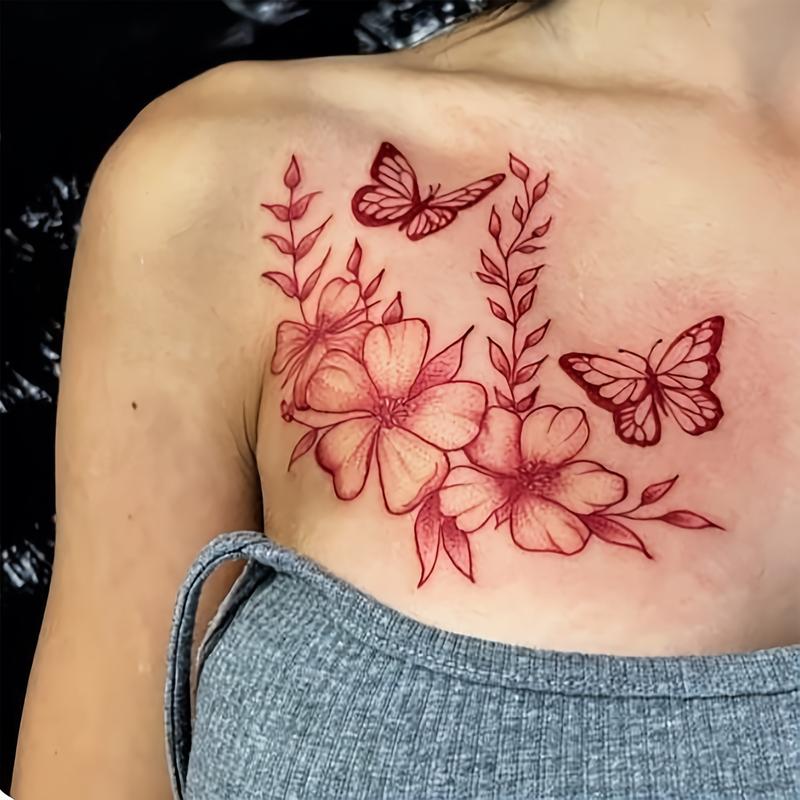 (6 Temporary Stickers with 3 Items & 3 Random Designs) Stylish and Visually Appealing Large Red Floral Butterfly Tattoo Sticker That Can Last for 1-3 Days, Perfect for Trendy Individuals, Normal, Adults, Flowers, Casual