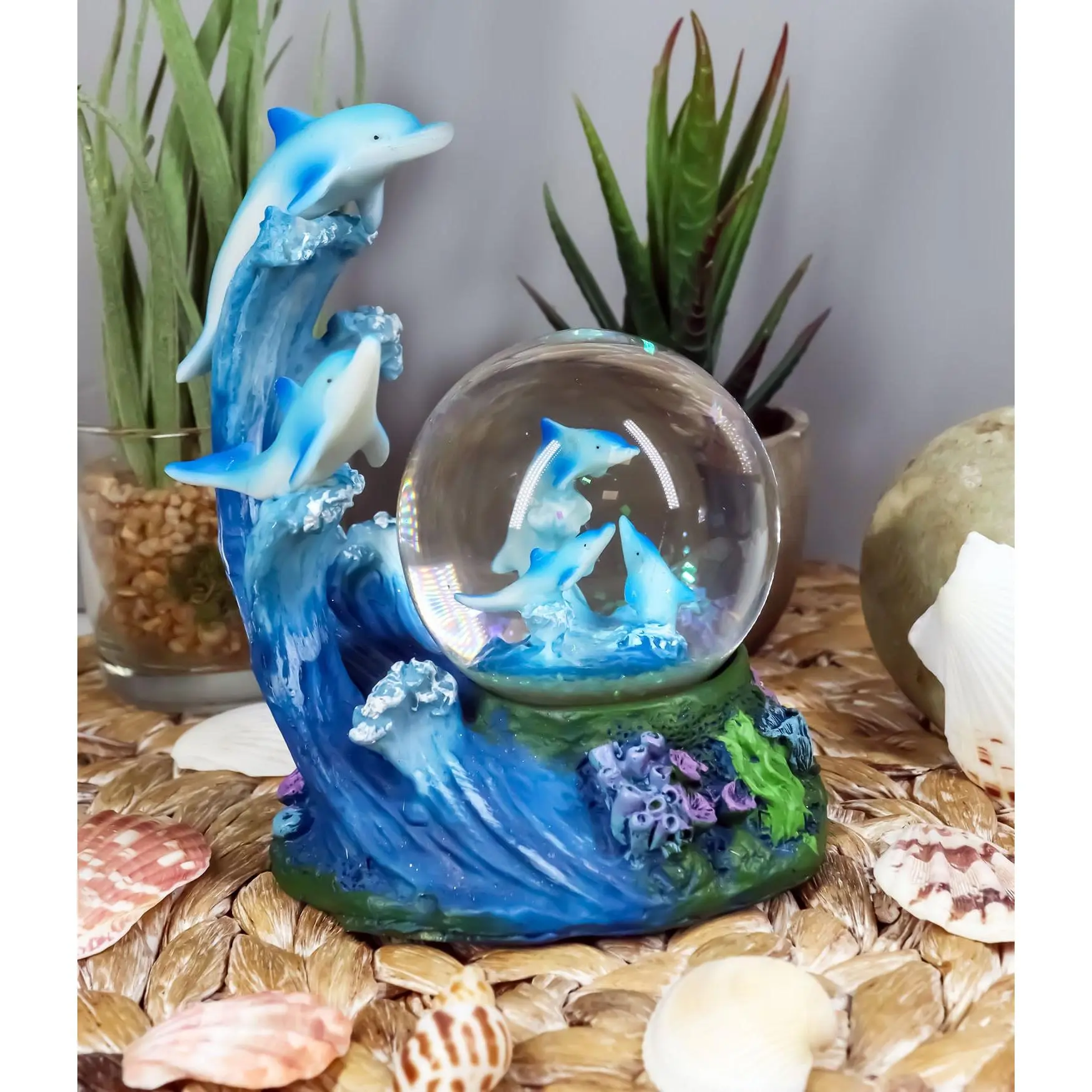 Nautical Marine Dolphin Family Rising With Waves Snow Water Globe Figurine Decor
