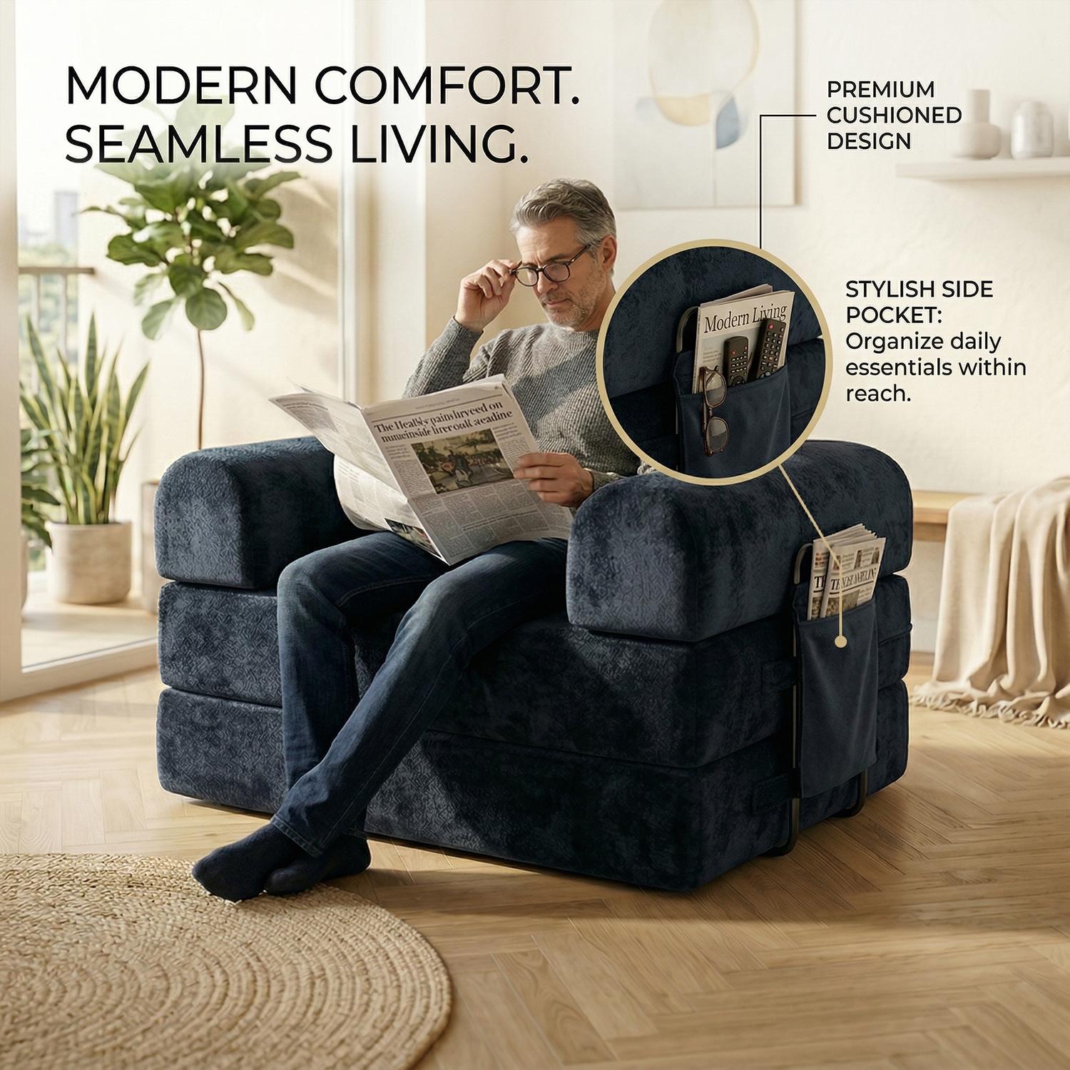 Deep seated single person modular living room bedroom convertible folding sofa bed, comfortable and soft corduroy fabric boneless and installation free with fixed frame design