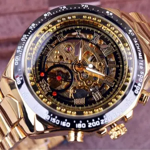 V-049 Fashionable and trendy business men's personalized stylish gold semi-steel skeleton semi-automatic mechanical watch, versatile and popular for casual and sports use Roulette Wheel Quartz Waterproof Open Dial ootd outdoorfun men accessories