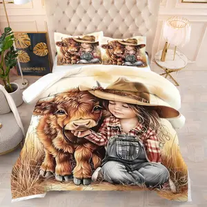 2pcs/3pcs American Country Style Bedding Set, Cute Highland Cow Pattern Comforter Set, Denim Girl Print Design, Suitable for Bedroom and Guest Room Bed Decoration, Soft and Comfortable, Including 1 Quilt and 1/2 Pillowcase