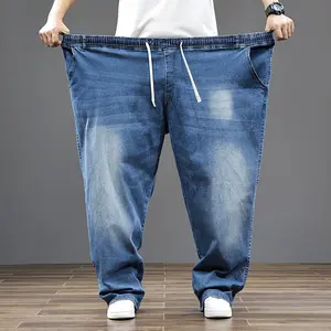 Plus Size Men's Jeans Elastic Waist Drawstring Loose Straight Stretch Long Pants