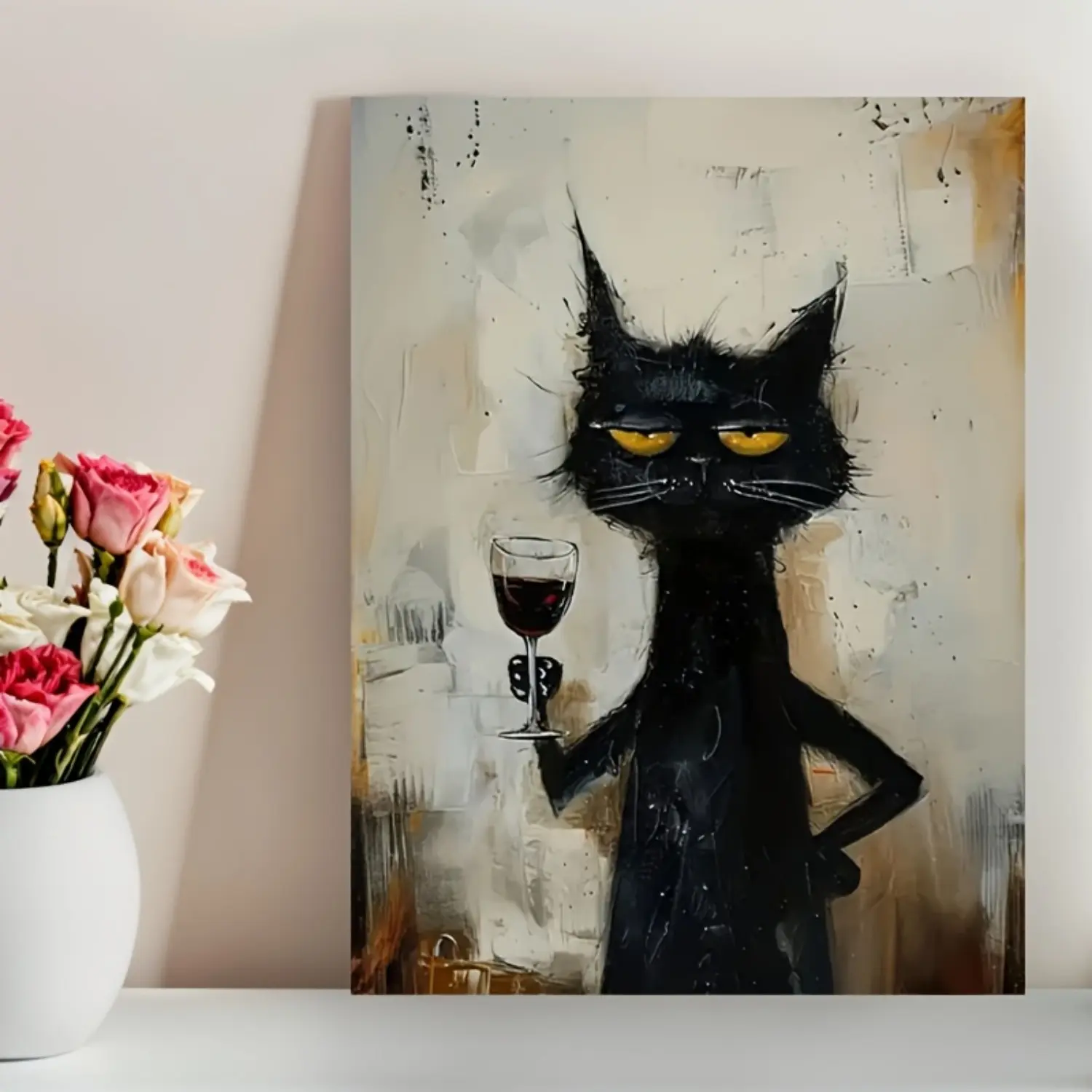 Unique Minimalist Chic Wood-Frame Black Cat Art Print - Artistic Frame-Style Modern Cool Design Inspirational Wall Art, Durable Home Decor, Wall & Wardrobe Accent, Perfect Gift for Living Room
