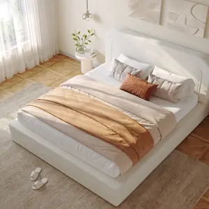 Raybee Cloud Bed with Ultra-Soft Headbaord for Queen, Full, King, Luxury Anti-Collision Platform Bed Frames, Marshmallow Bed Frame with Boucle Fabric & Round Corner, Durable Metal Slats, Beige