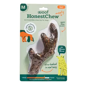 WOOF HonestChew Meaty Antler or Y Shaped Dog Chews - Made with Real Beef Outer Layer and Natural, Plant-Based Ingredients Core - Splinter-Resistant - Safer Than Rawhide and Dog Bones