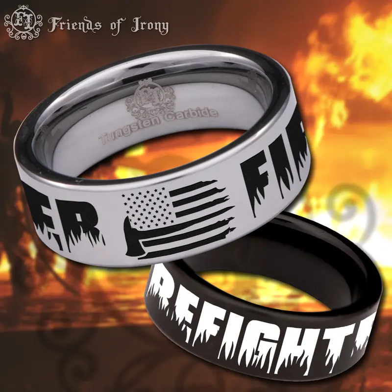 Firefighter Axe American Flag Tungsten Carbide Ring