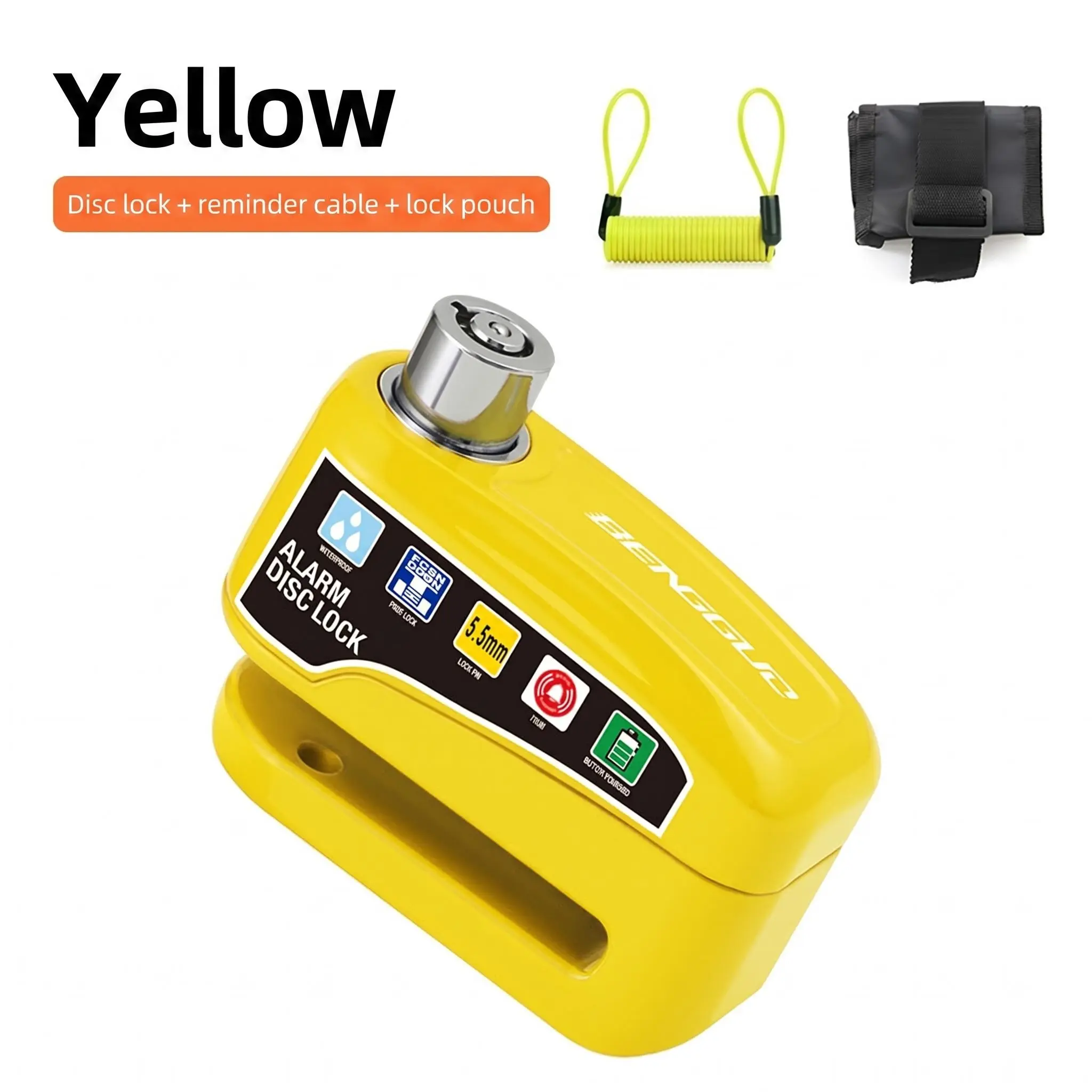 110dB Disc Brake Lock with Alarm for Motorcycle, E-Bike & Scooter, Heavy Duty Anti-Theft Wheel Lock, Waterproof Keyless Press-Down Lock with Reminder Cable & Pouch