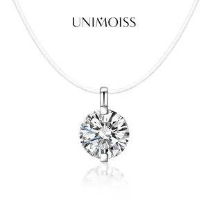 UniMoiss 1-2ct Solitaire Two Prong Fishing Line Pendant Choker Necklace Clear Chain D Color Moissanite Bling Necklace Chain Birthday Anniversary Wedding Gift
