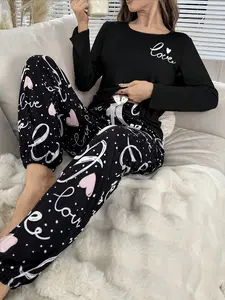 Women's Long Sleeve Fitted Pajama Set Heart Print, Casual Home Wear Loungewear for Fall & Winter, Round Neck Sleepwear Suit for Ladies Pjs Womenswear