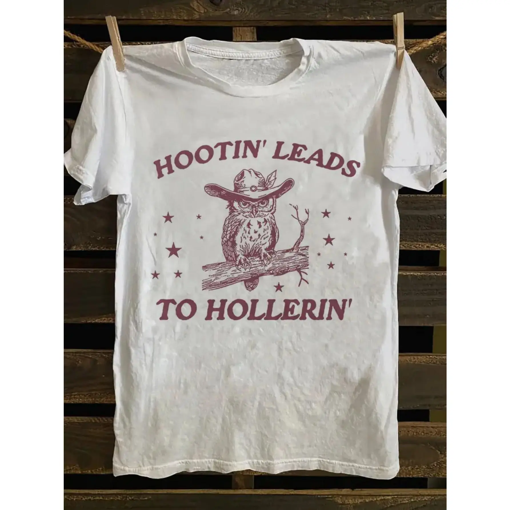 Women's Soft Breathable Round Neck Short Sleeve Tshirt - Casual Western Country Owl Cartoon Printed Top with "Hootin' Leads To Hollerin'" Graphic, Machine Washable Daily Wear