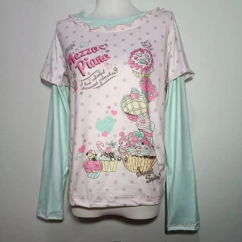 Japanese Sweet Kawaii Cartoon Polka Dot Print T-shirt Women Loose Casual Contrast Color Cute Graphic Tees Y2k Aesthetic Tops New