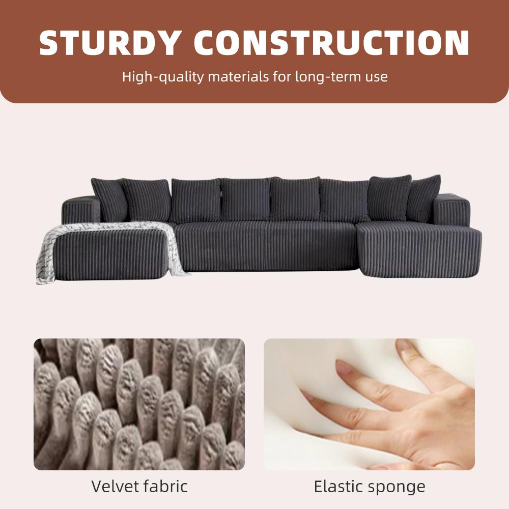 【3 Packages shipping】132" Oversized U-Shaped Cloud Sectional Sofa, Includes Chaise Lounge + Recliner + 6 Pillows, Plush Corduroy Fabric, Boneless Comfort Style, Stylish Furniture for Living Room/Bedroom Modular