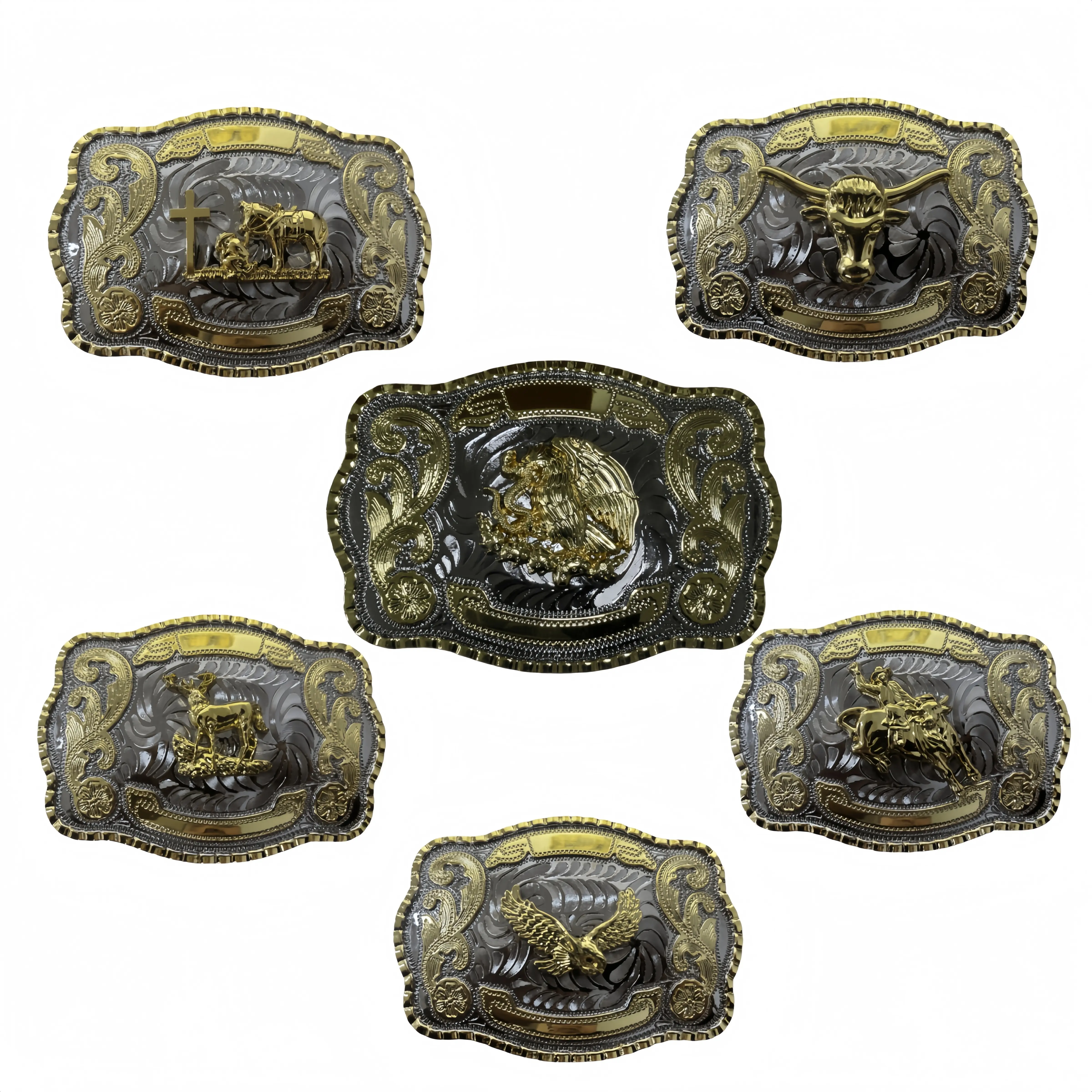 Western Buckle Belt - Large Gold-Tone Buckle Decorated with Praying Cowboy Sig, Cross Motif, Mexican Eagle Design, Faith + Western Mix Motorcycle Accessory for Expressing Beliefs