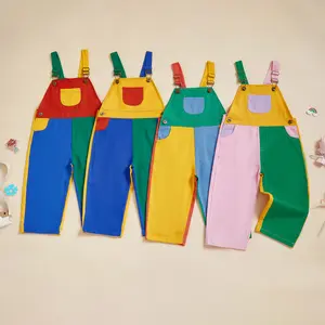 Kid Denim Overalls Contrast Color Sleeveless Square Neck Full Length Romper with Adjustable Shoulder Strap