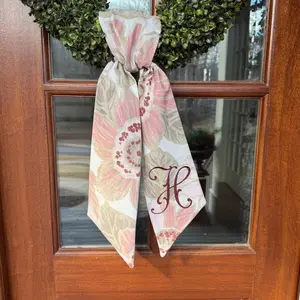 Chinoiserie Floral Wreath Sash, Embroidered Monogram, Floral, Front Door Decor, Large Print, Pink