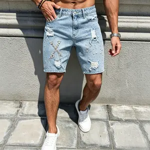 Men’s light blue washed denim shorts with rhinestone embellishments and distressed holes, straight cut, mid-length (knee-length), street style