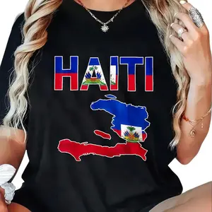 100% Cotton Haiti Flag Map Design Print T-Shirt Women Men Outdoor Casual Short Sleeve Comfortable And Versatile