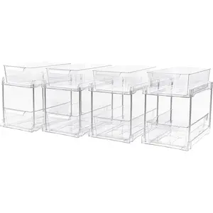 4Pack 2-Tier Bathroom Storage Organizer, Clear Under Sink Organizers Kitchen Vanity Counter Storage Container, Medicine Cabinet Drawers Bins, Pull-Out Organization with Track for Pantry
