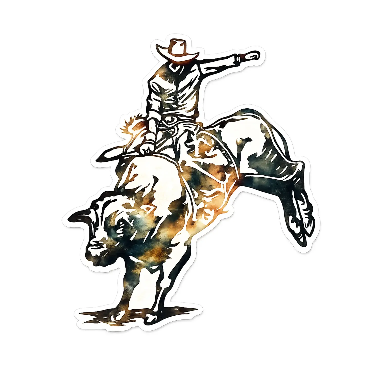 Rodeo Cowboy Bull Riding Sticker, Vintage Western Rodeo Rider Vinyl Decal with Rustic Watercolor Effect, Wild West Cowboy Art for Truck Laptop Water Bottle Gift