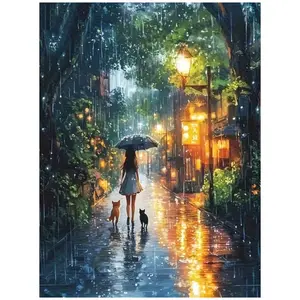 Fresh Rainy Night Girl With Umbrella And Cats Strolling Art Painting Diamond Painting 5D DIY Diamond Painting Kit Full Drill Square Round Diamonds Embroidery Art Craft Home Wall Decor Unique Gift Handmade Decorative Painting Set
