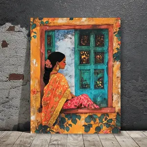 Indian Style Canvas Art Print for Women - Traditional Satin, Window Scenery and Floral Patterns, South Asian Home Decor, Office or Living Room Wall Decoration, Indian Home Decor, Office Artwork, Cultural Wall Art, 2D Flat