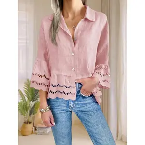 Women's Hollow Out Shirt, Three-Quarter Bell Sleeves, Buttoned Hem, Ruffled Casual Summer Top