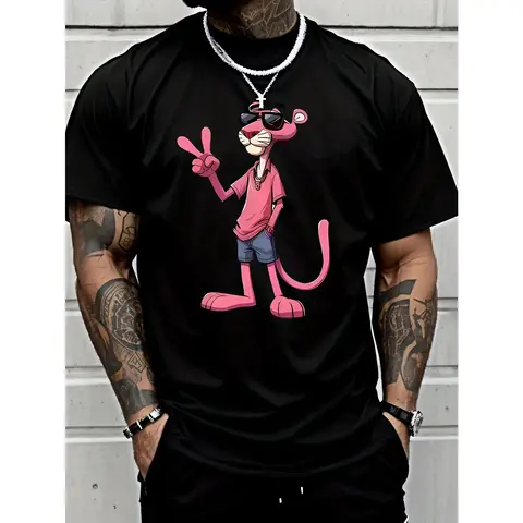 [Playful Pink Panther Tee] Print Casual Short Sleeve Sports T-Shirt - Olive Green Round Neck, Lightweight Breathable Fabric, Machine Washable, Stylish Cartoon Design, Relaxed Fit, Summer Wear