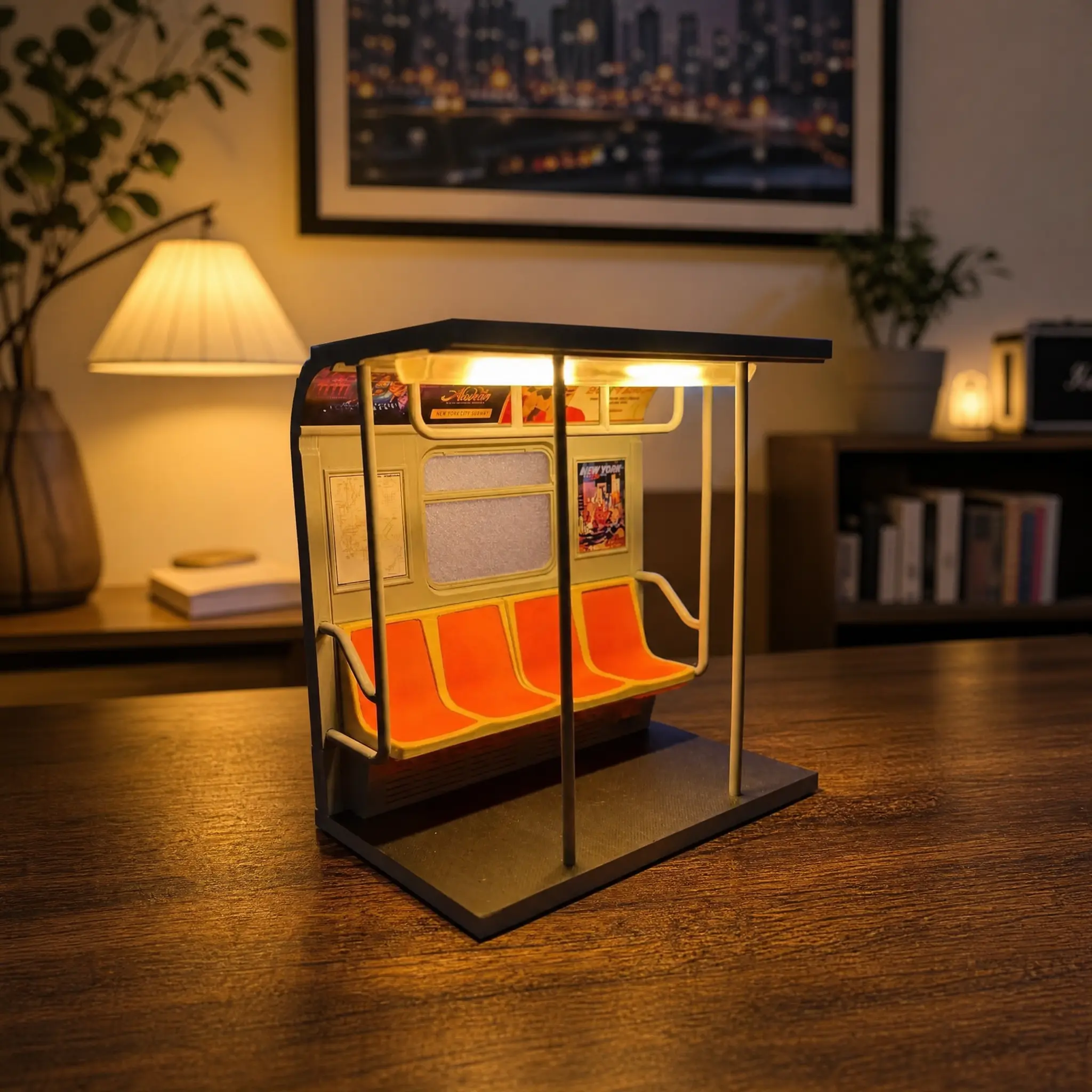 American-style neon night lights for bus stops in New York. Retro bus waiting shelter model desk lamp. Desktop decorative piece lamp.