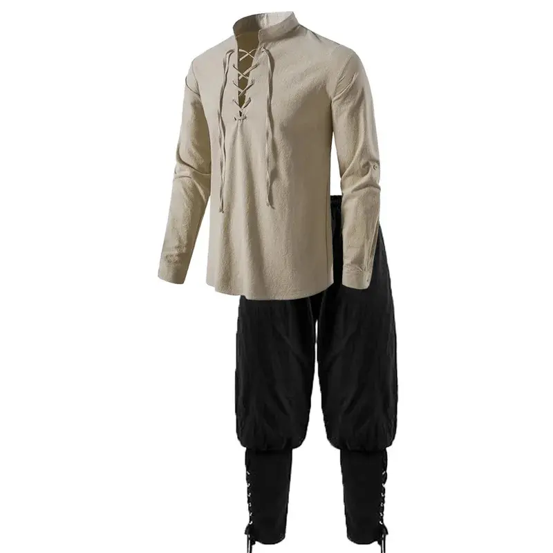 2PcsMen'sMedievalKnightCostumeSetRenaissanceCosplayPirateShirtsAnkleBandedPantsForHalloweenCottonLinenFabricMenswearClothesHoodieCasualGamisBeigePlainWhiteBrown 2PcsMen'sMedievalKnightCostumeSetRenaissanceCosplayPirateShirtsAnkleBandedPantsForHalloweenCottonLinenFabricMenswearClothesHoodieCasualGamisBeigePlainWhiteBrown