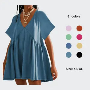 Molitree Womens Summer Mini Dress Casual Short Sleeve Loose V Neck Flowy Sundress with Pocket Cute Beach