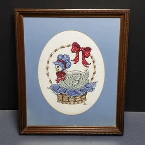 Framed Needlepoint Hen In A Basket Vintage